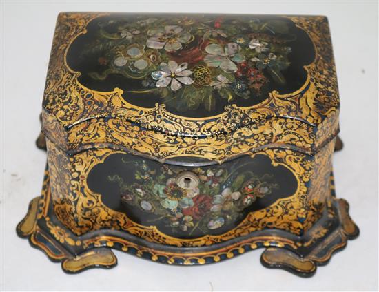 A Victorian papier mache tea caddy, 10in.